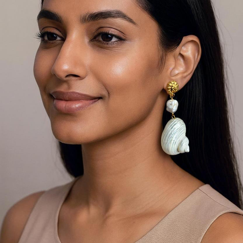 Long Shell and Pearl Earrings