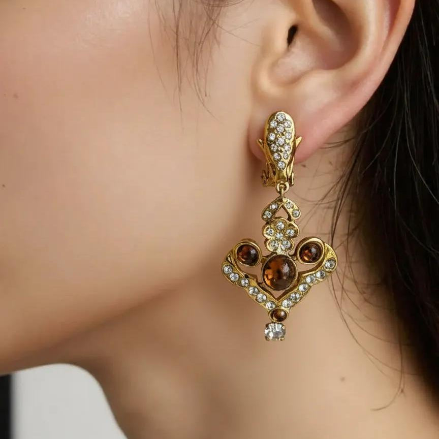 Vintage 80s French Brown Glass Crystal Flower Gilt Earrings