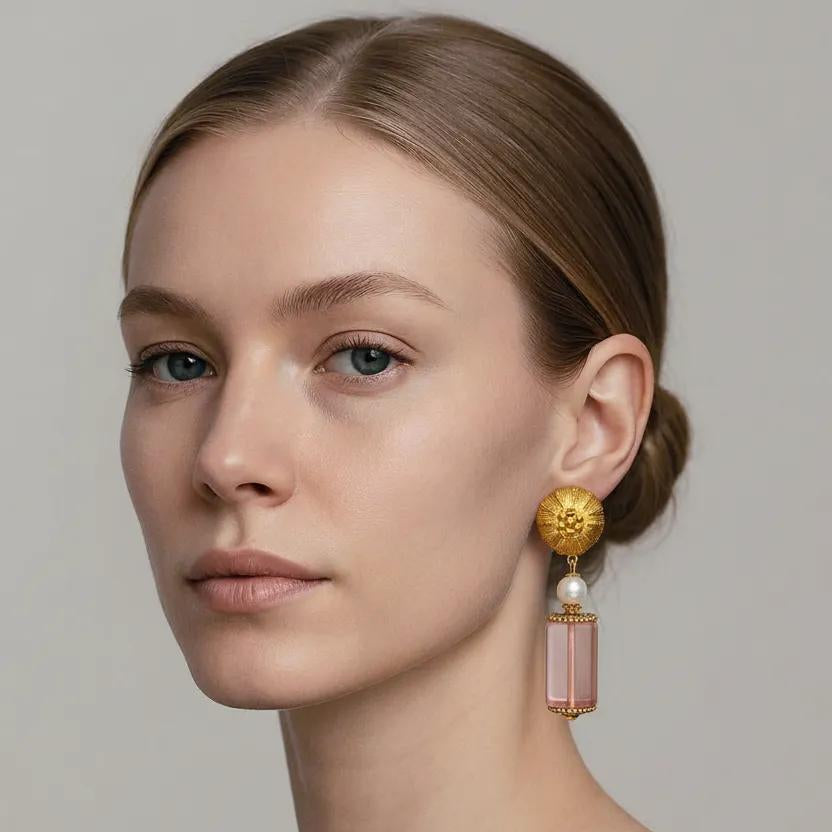 Vintage 60s French Pink Lucite & Pearl Earrings