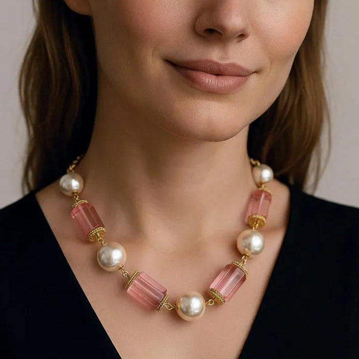 Vintage Pink Lucite and Champagne Pearl Necklace