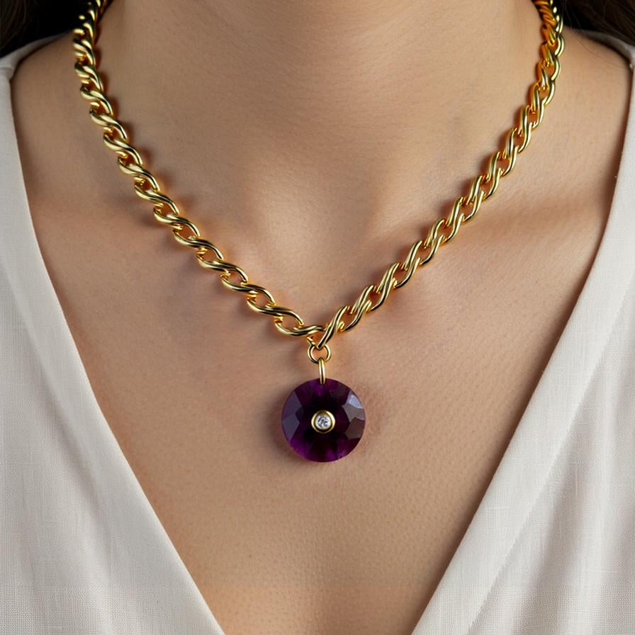 French Round Amethyst Pendant Necklace