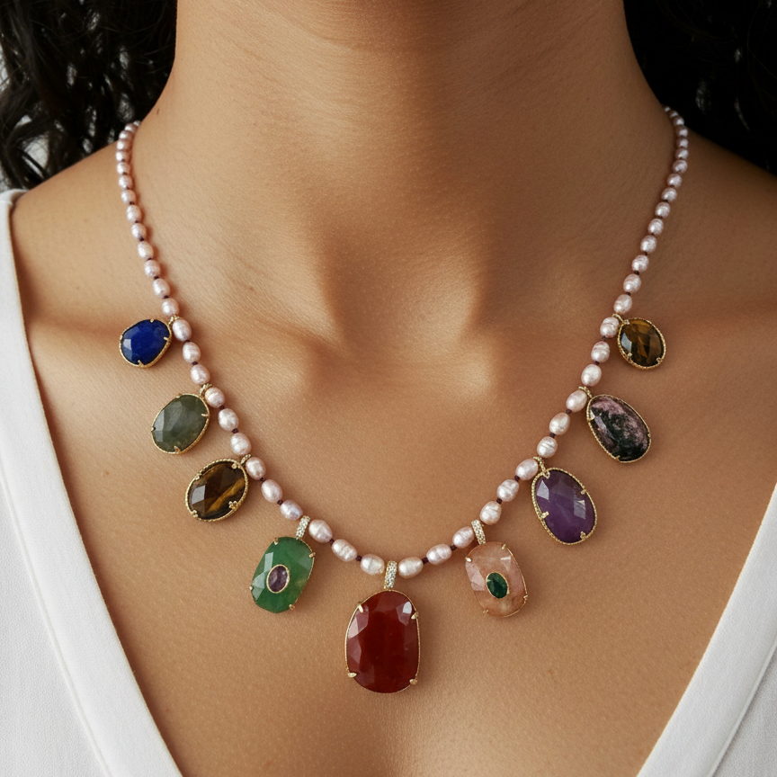 French Pearl & Semi Precious Stone Pendant Necklace