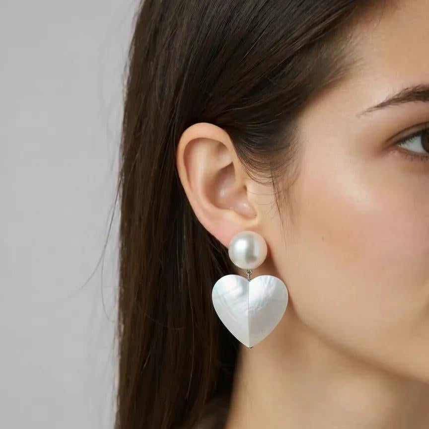 French Mother of Pearl Heart Clip Earrings