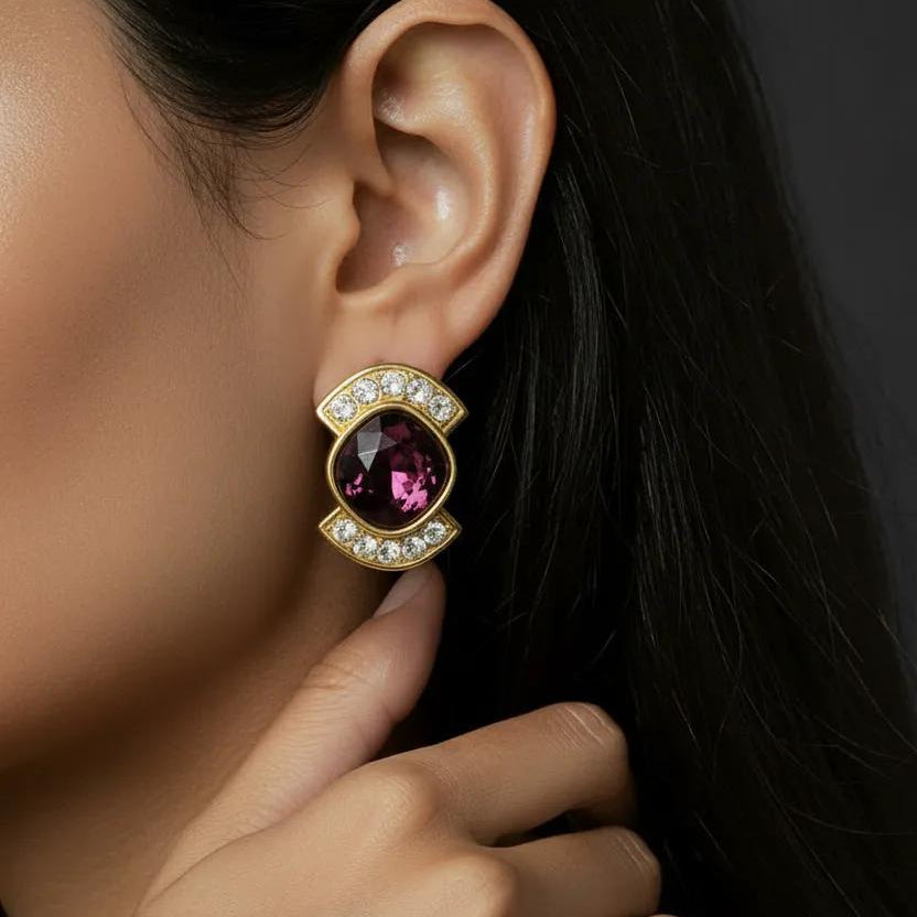 Vintage Signed Designer YSL Purple Crystal Earrings