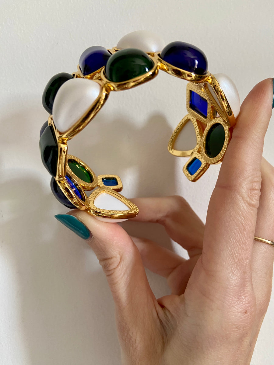 Hand Poured Blue & Green Resin Jewel & Pearl Gold Cuff Bracelet
