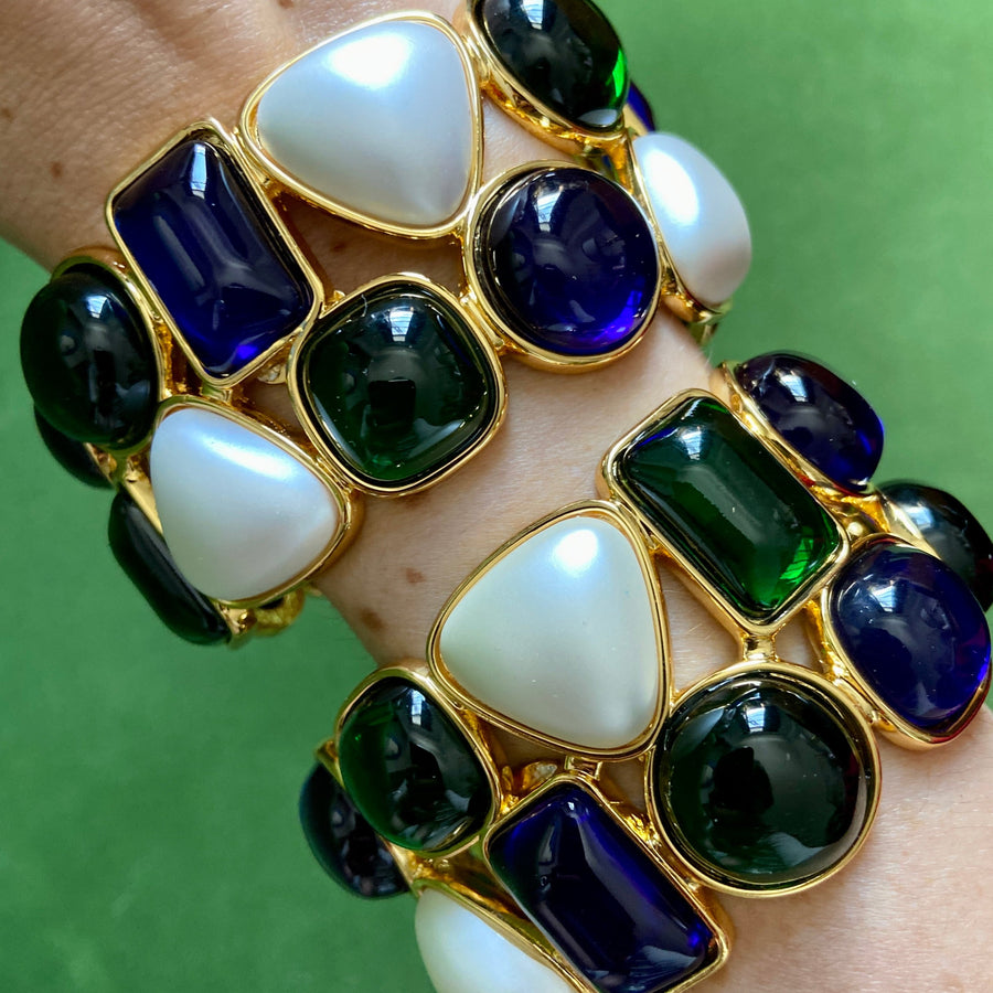 Gorgeous Blue & Green Resin Jewel & Pearl Gold Cuff Bracelet