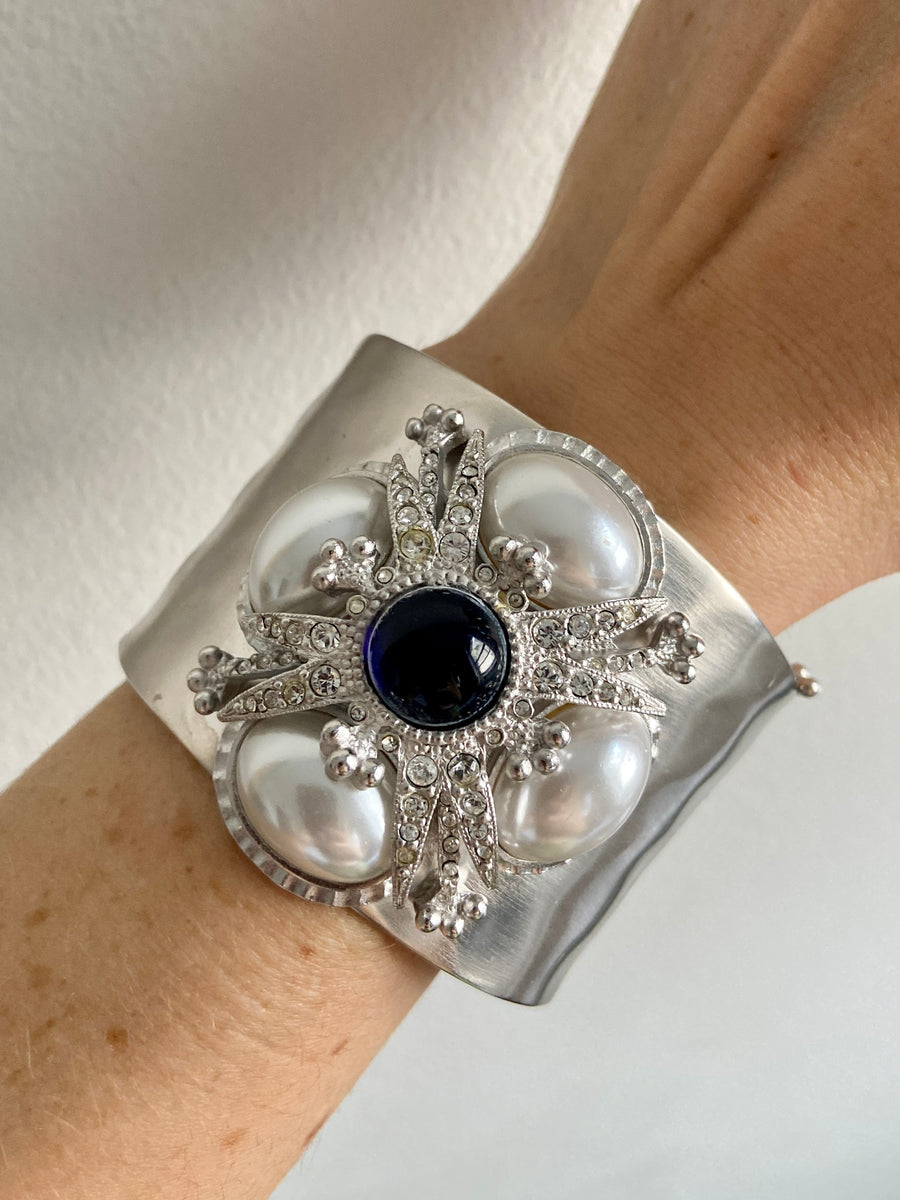 90s ST. JOHN Silver & Pearl Maltese Cuff Bracelet