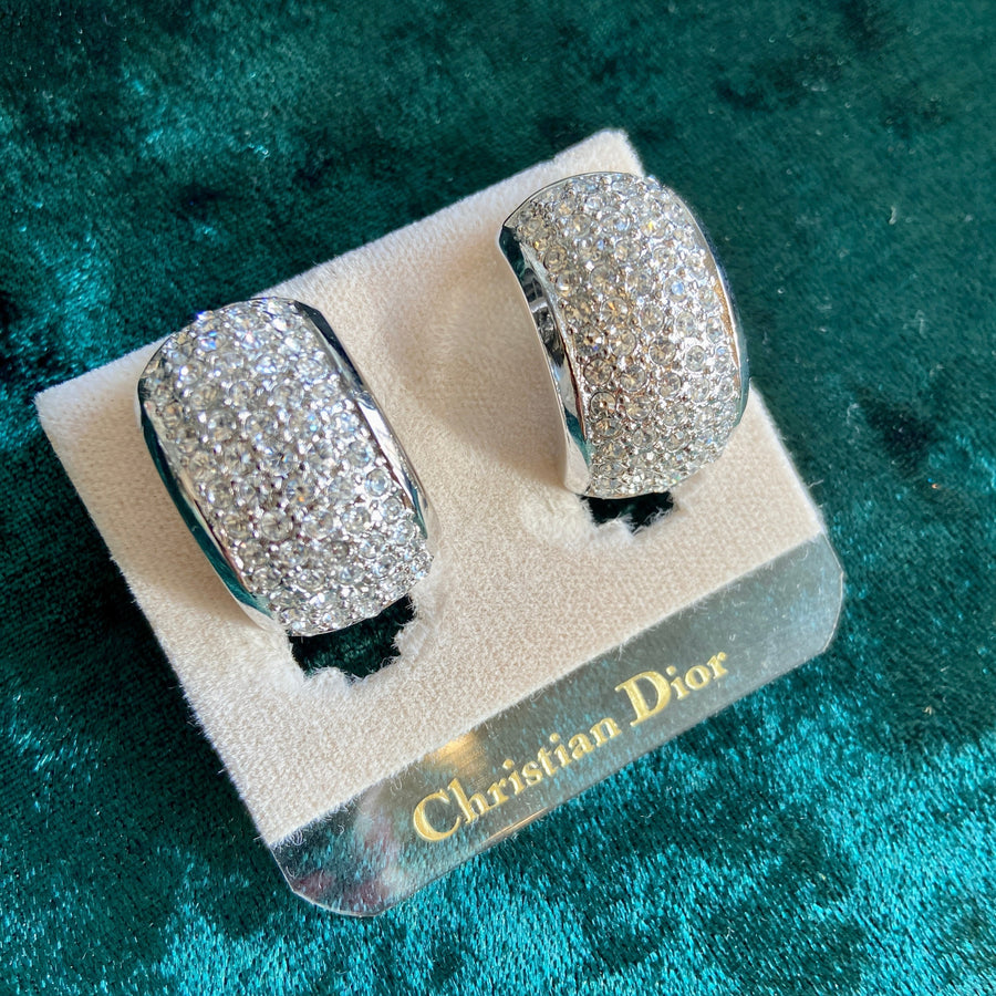 90s Designer Christian Dior Crystal Pave Silver Hoop Clip On Earrings