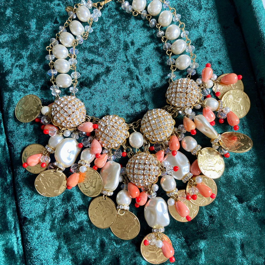 Amazing Couture Signed Designer VRBA Coral Coin & earl Statement Necklace