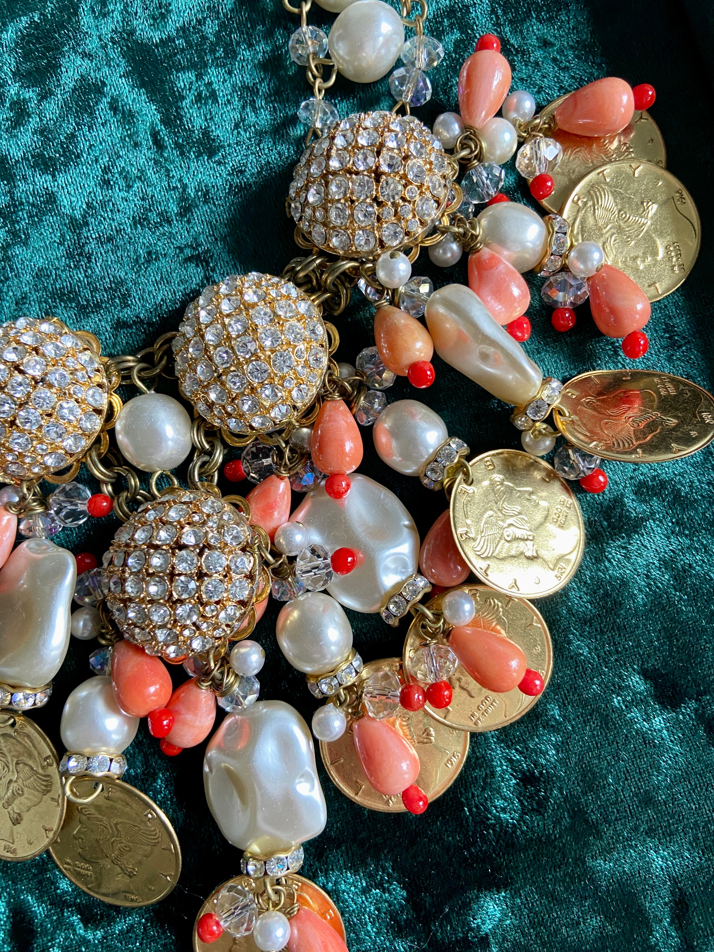 Designer VRBA Coral Coin and Pearl Necklace