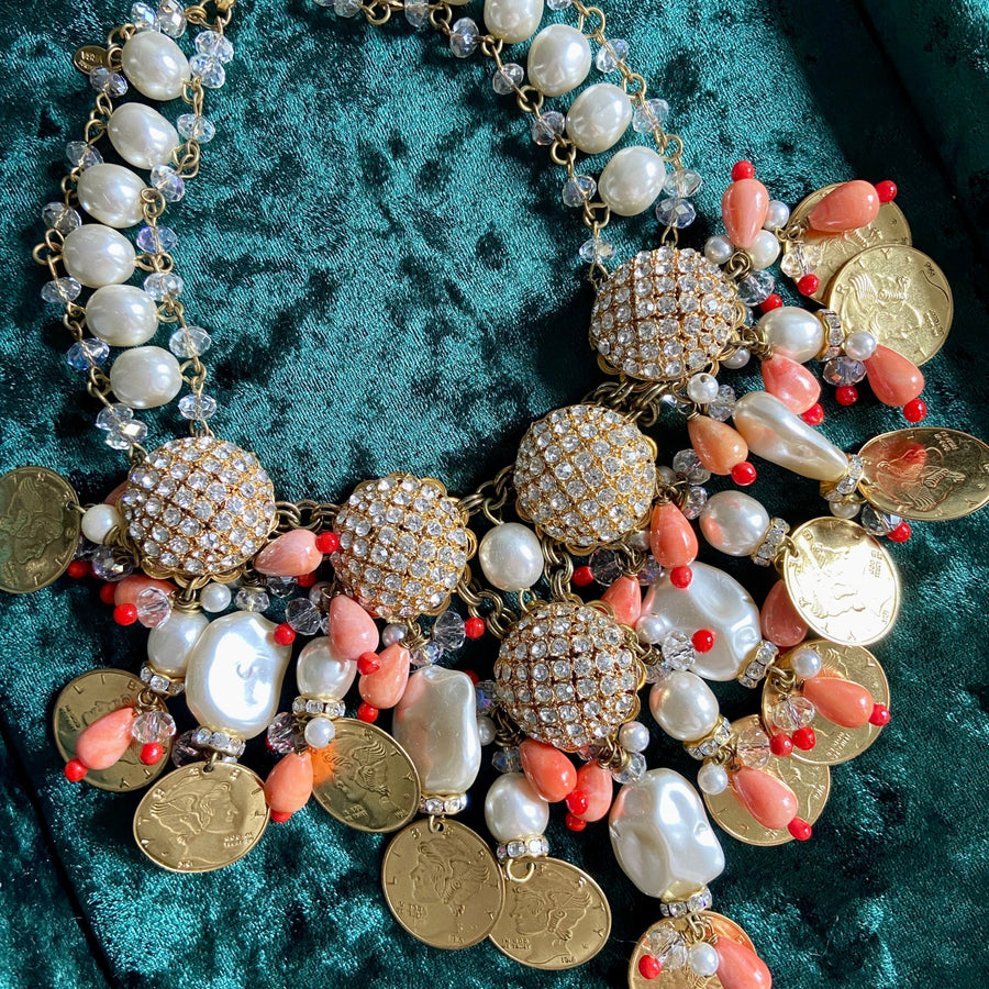 80s VRBA Coral Coin & Pearl Statement Necklace