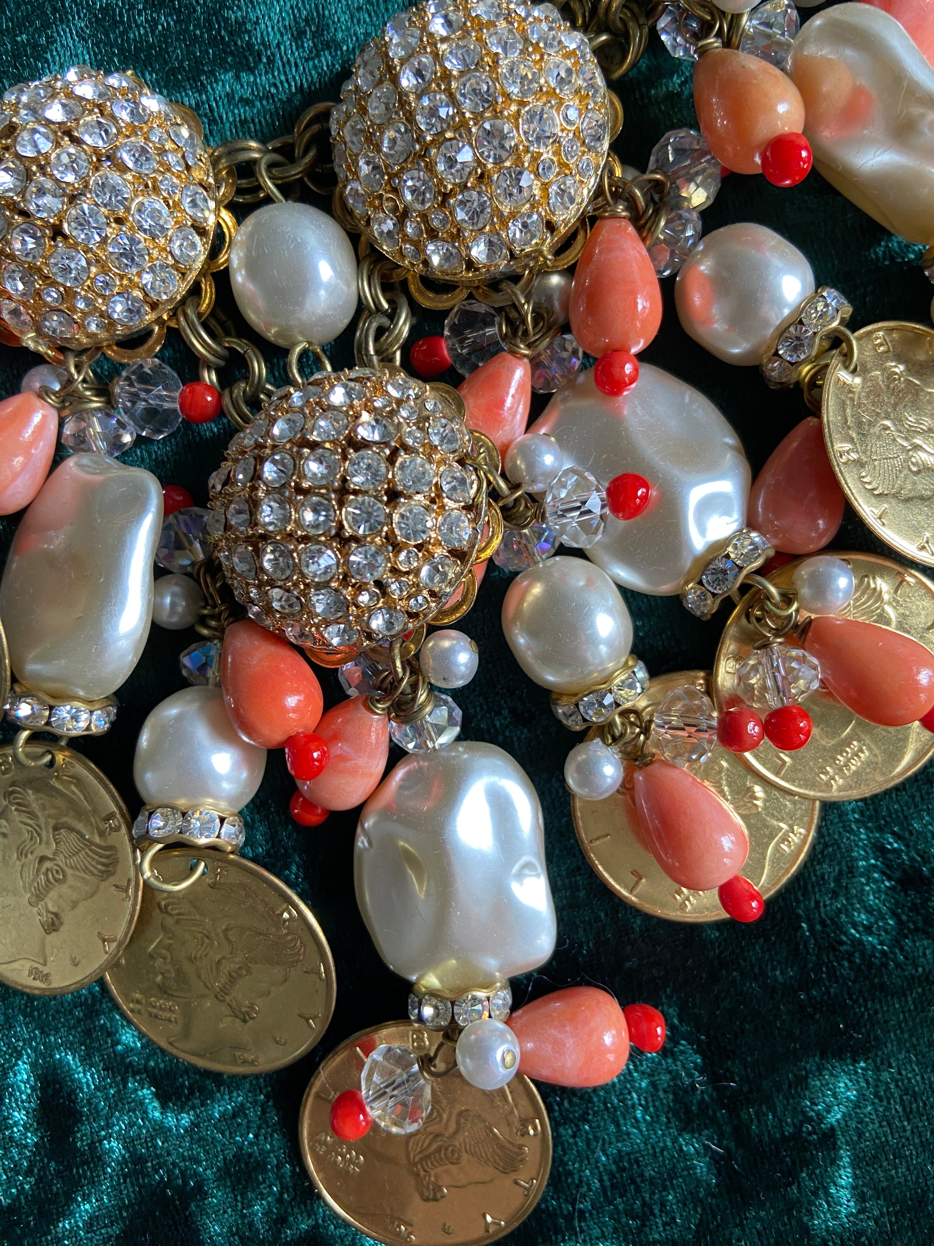 Designer VRBA Coral Coin and Pearl Necklace