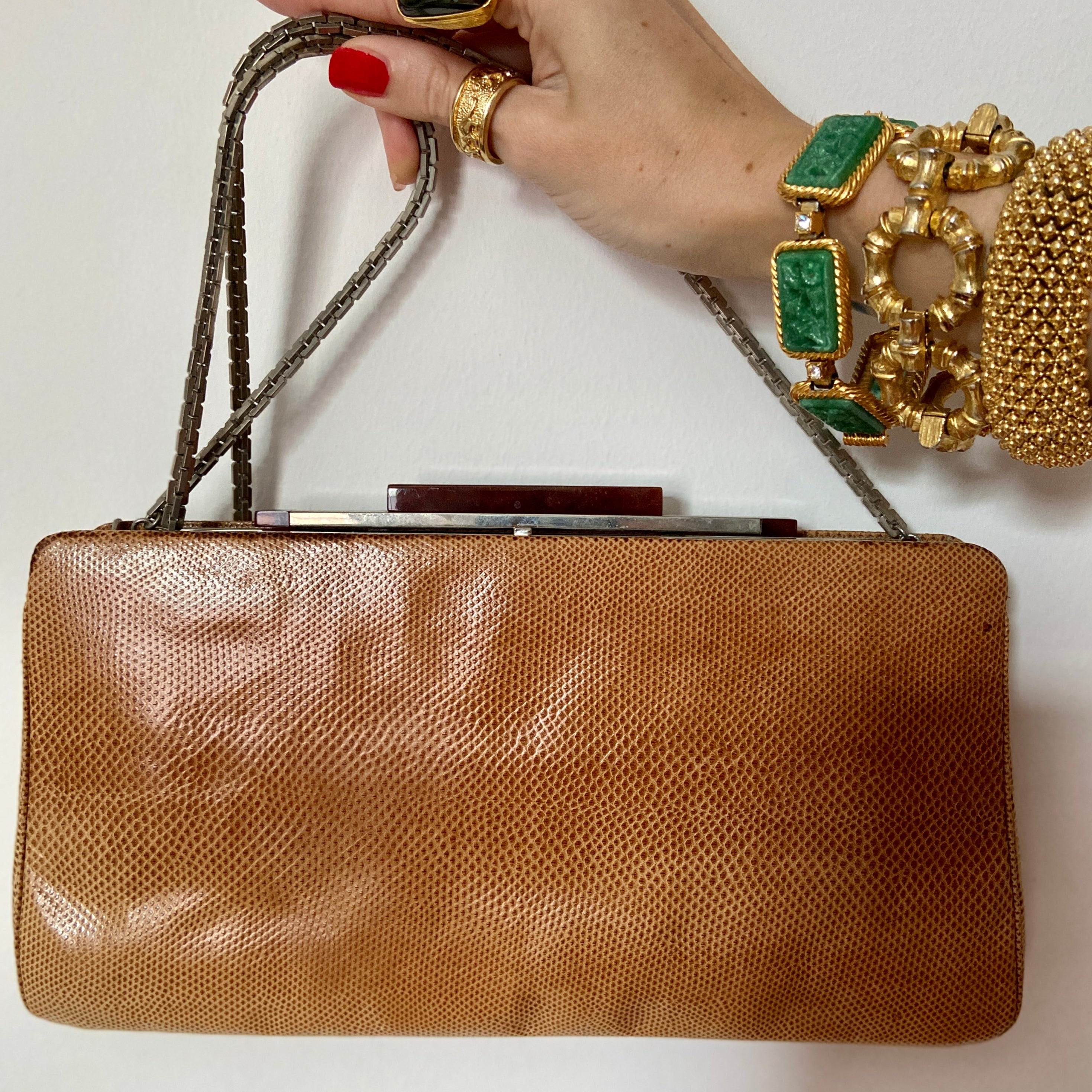 70s Judith Leiber Tan Snake & Amber Lucite Clutch Purse