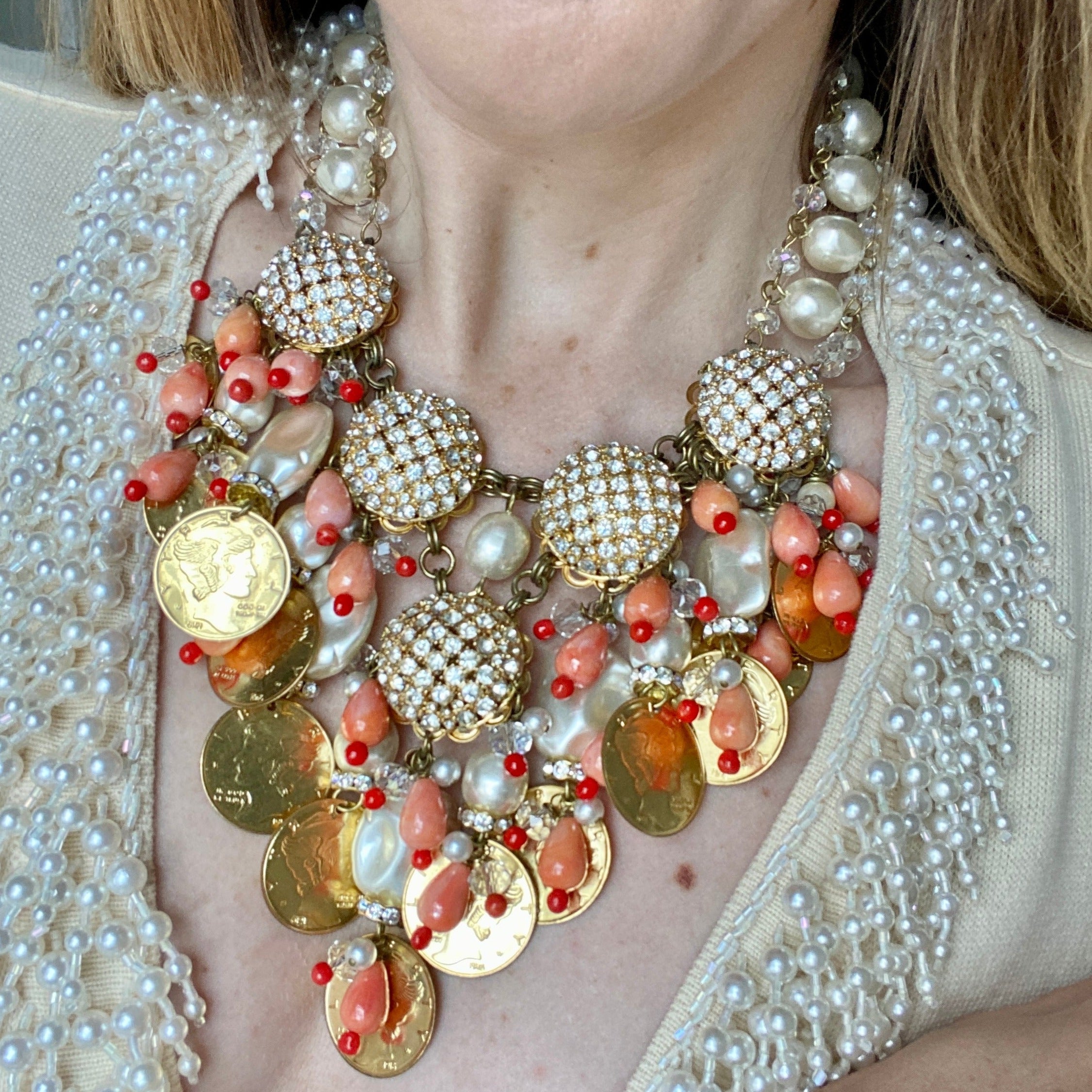 Designer VRBA Coral Coin and Pearl Necklace