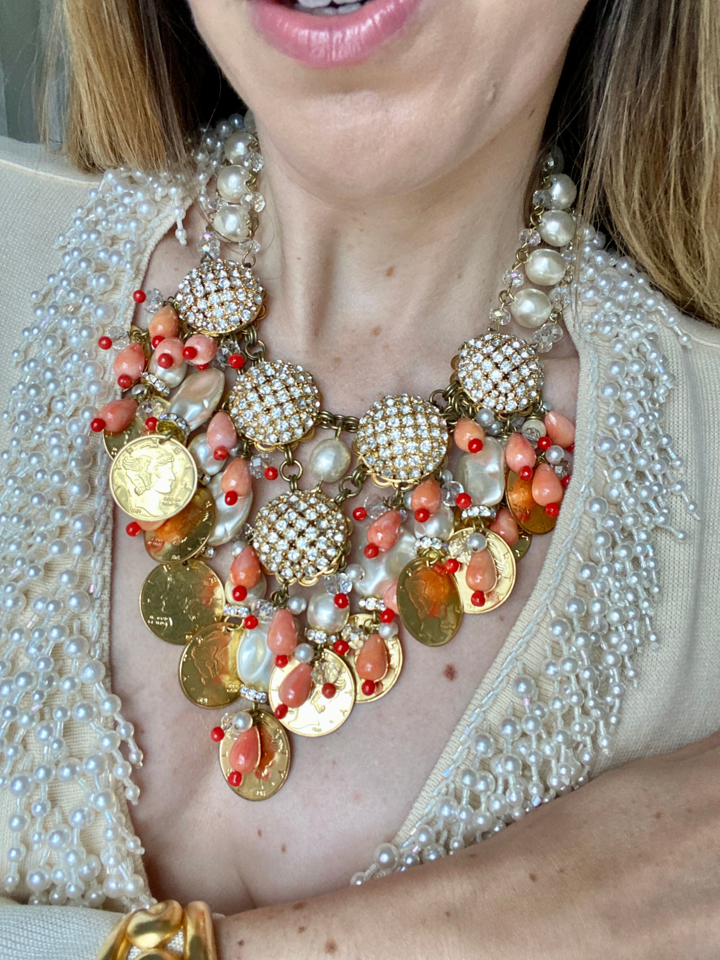 Designer VRBA Coral Coin and Pearl Necklace