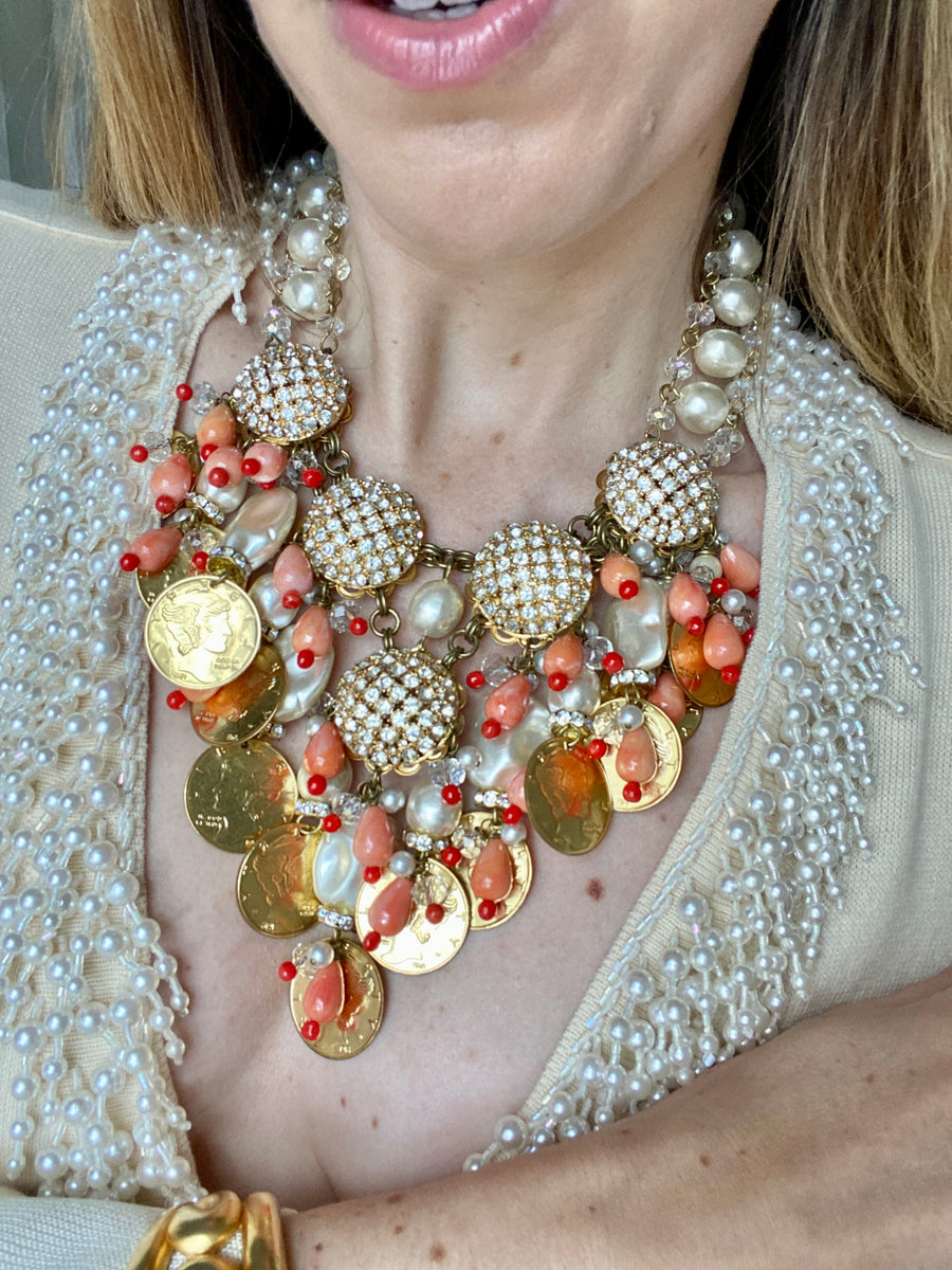 80s VRBA Coral Coin & Pearl Statement Necklace