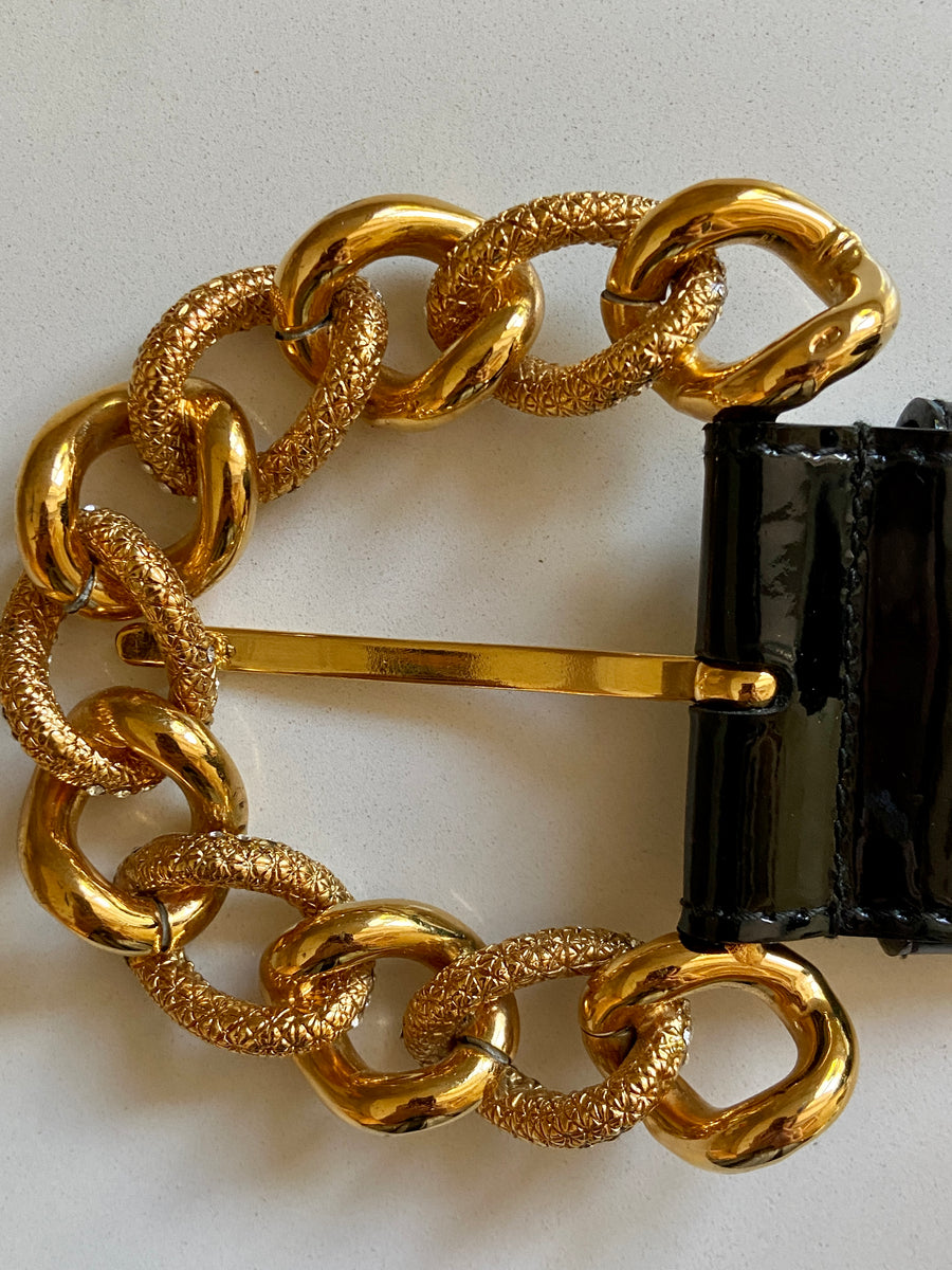 90s Designer VALENTINO Black Patent Leather Gold Crystal Statement Belt