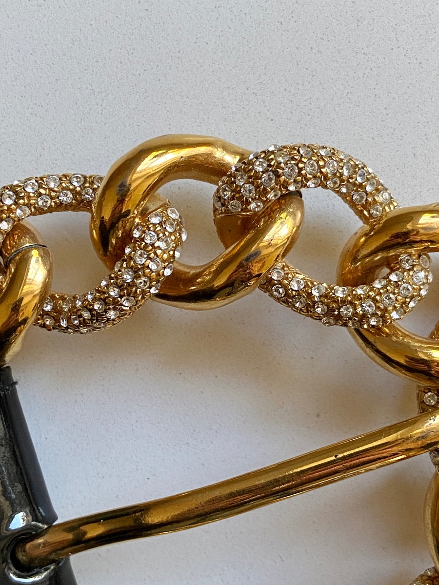 90s Designer VALENTINO Black Patent Leather Gold Crystal Statement Belt