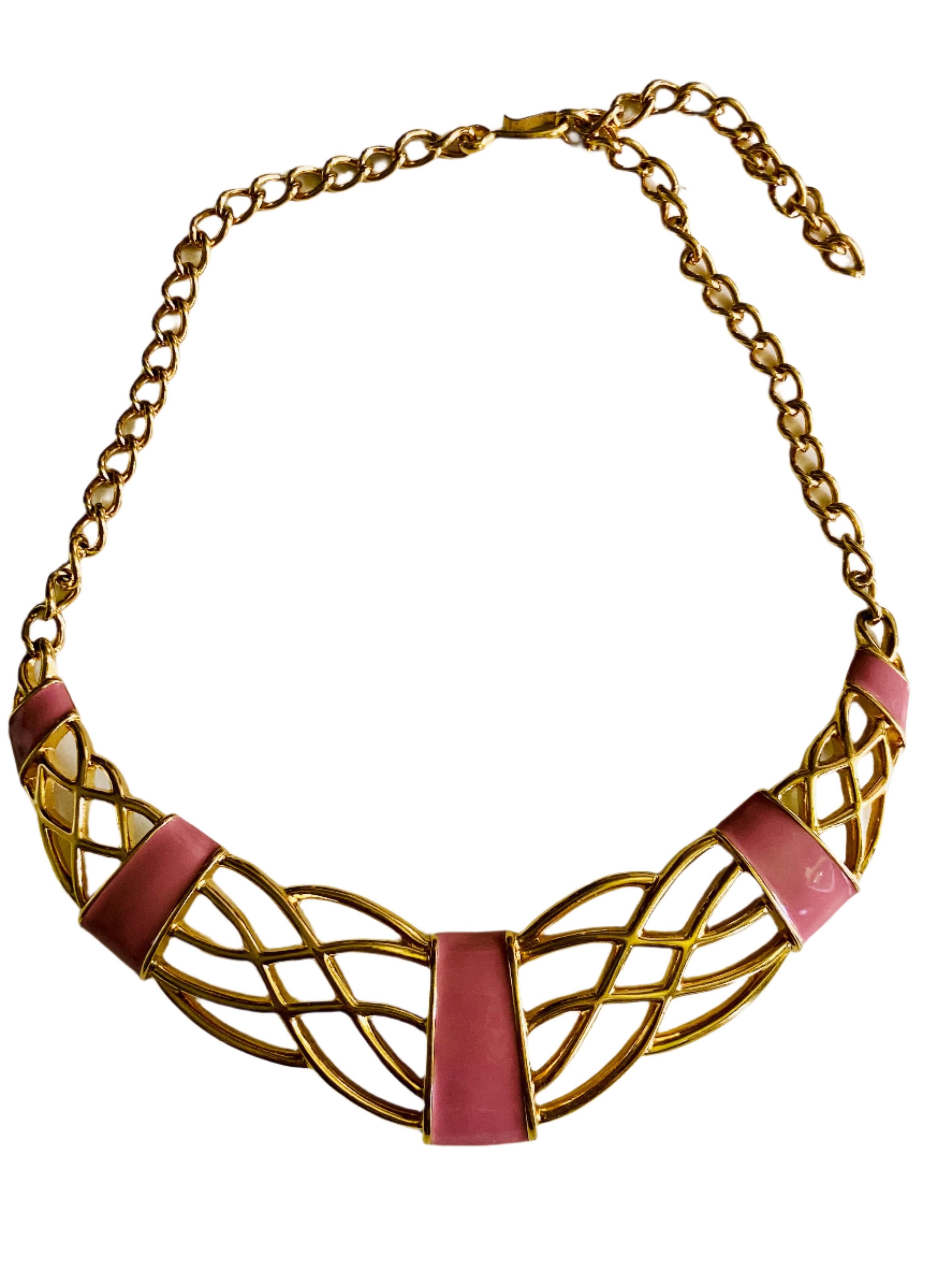 80s Monet Gold and Pink Enamel Statement Necklace