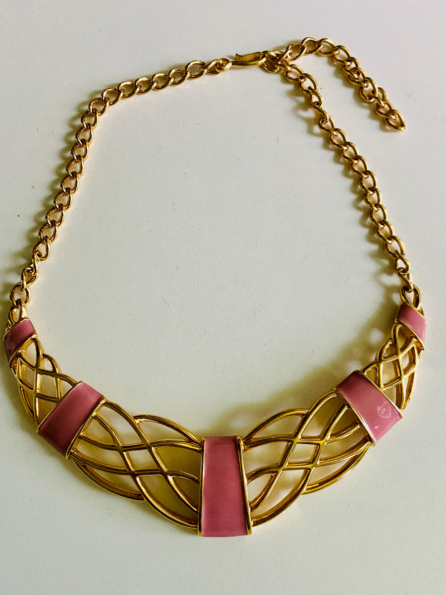 80s Monet Gold & Pink Enamel Statement Necklace