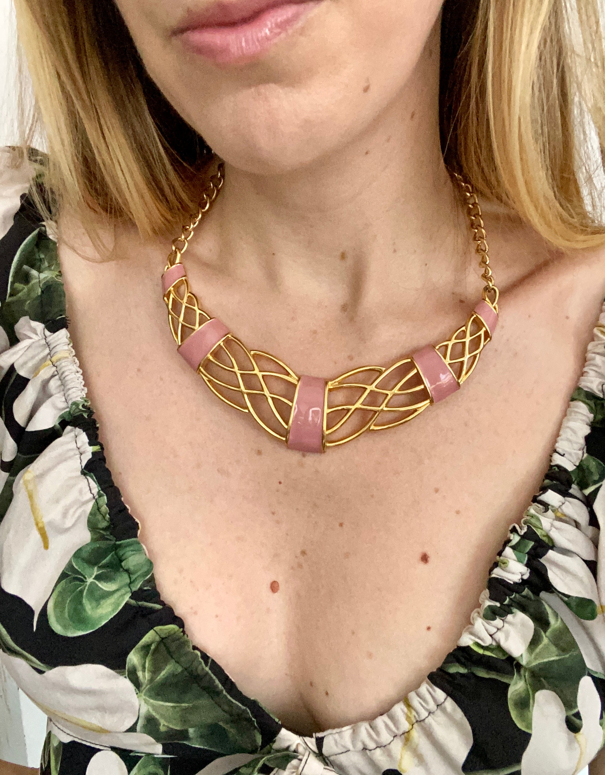 80s Monet Gold and Pink Enamel Statement Necklace