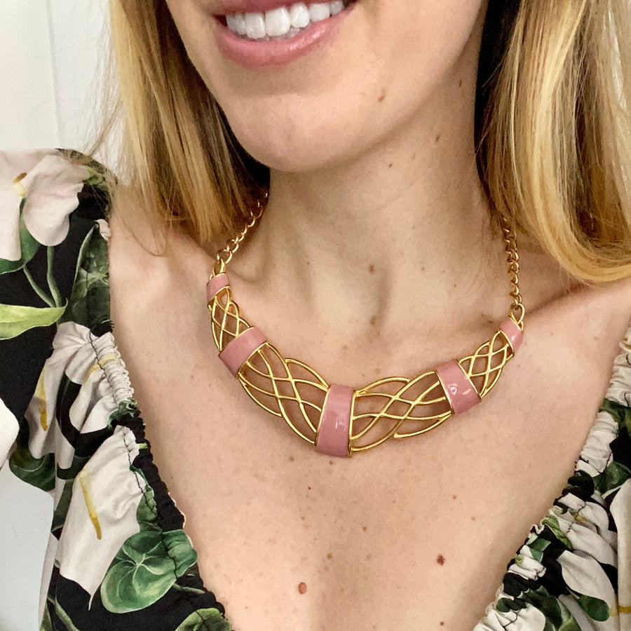 1980s Monet Gold & Pink Enamel Pendant Necklace
