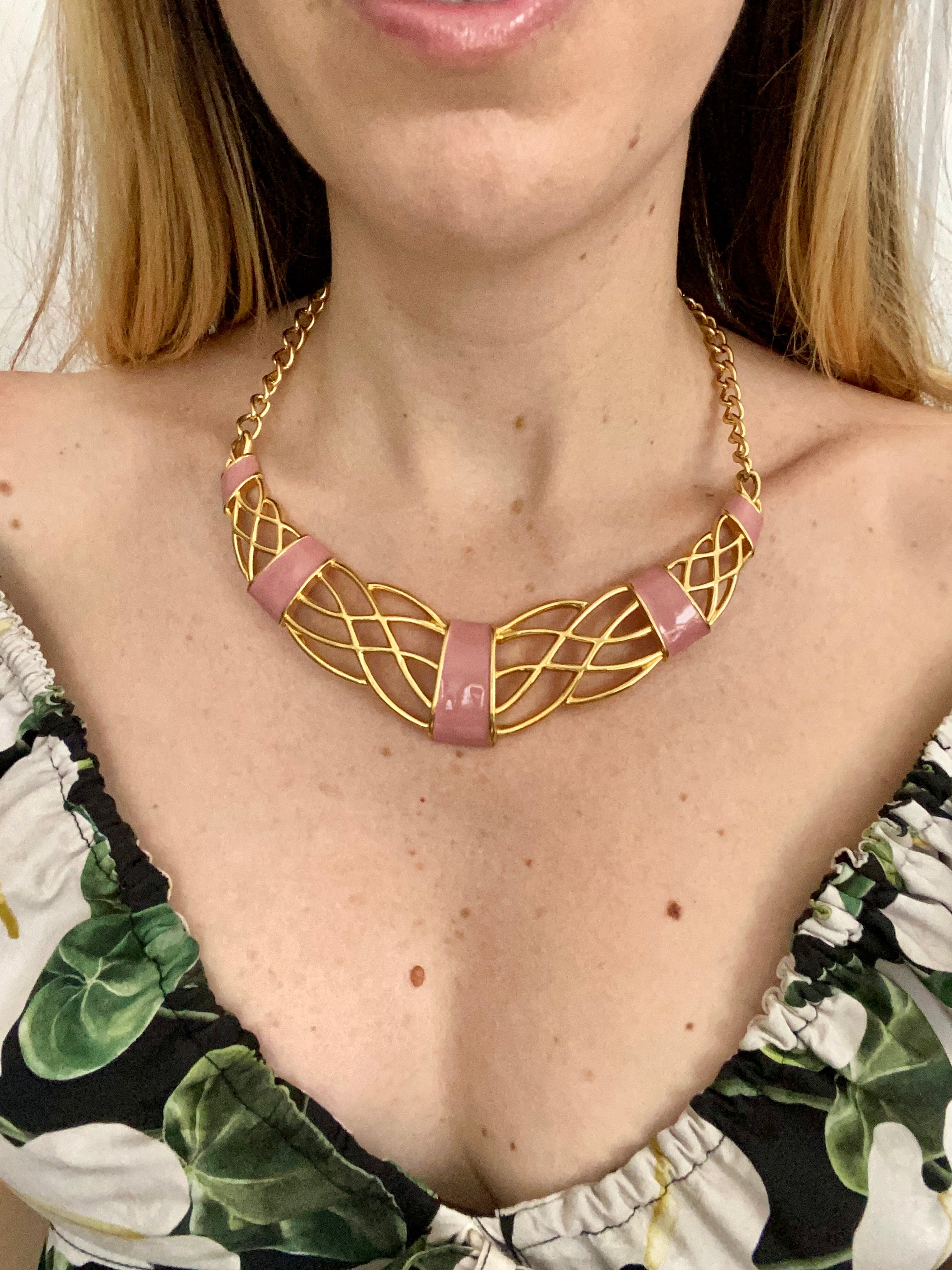 80s Monet Gold and Pink Enamel Statement Necklace