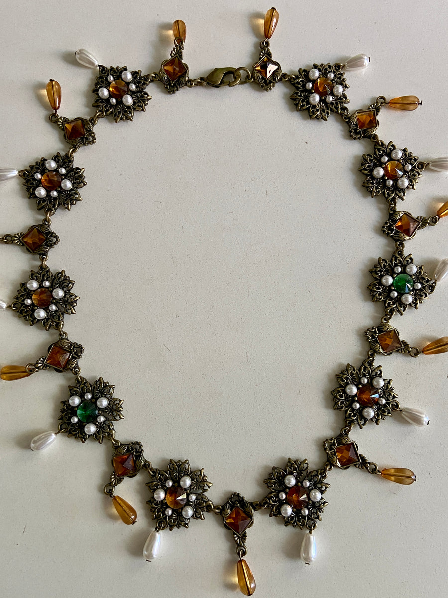 90s French Pearl Drop Jeweled Statement Necklace
