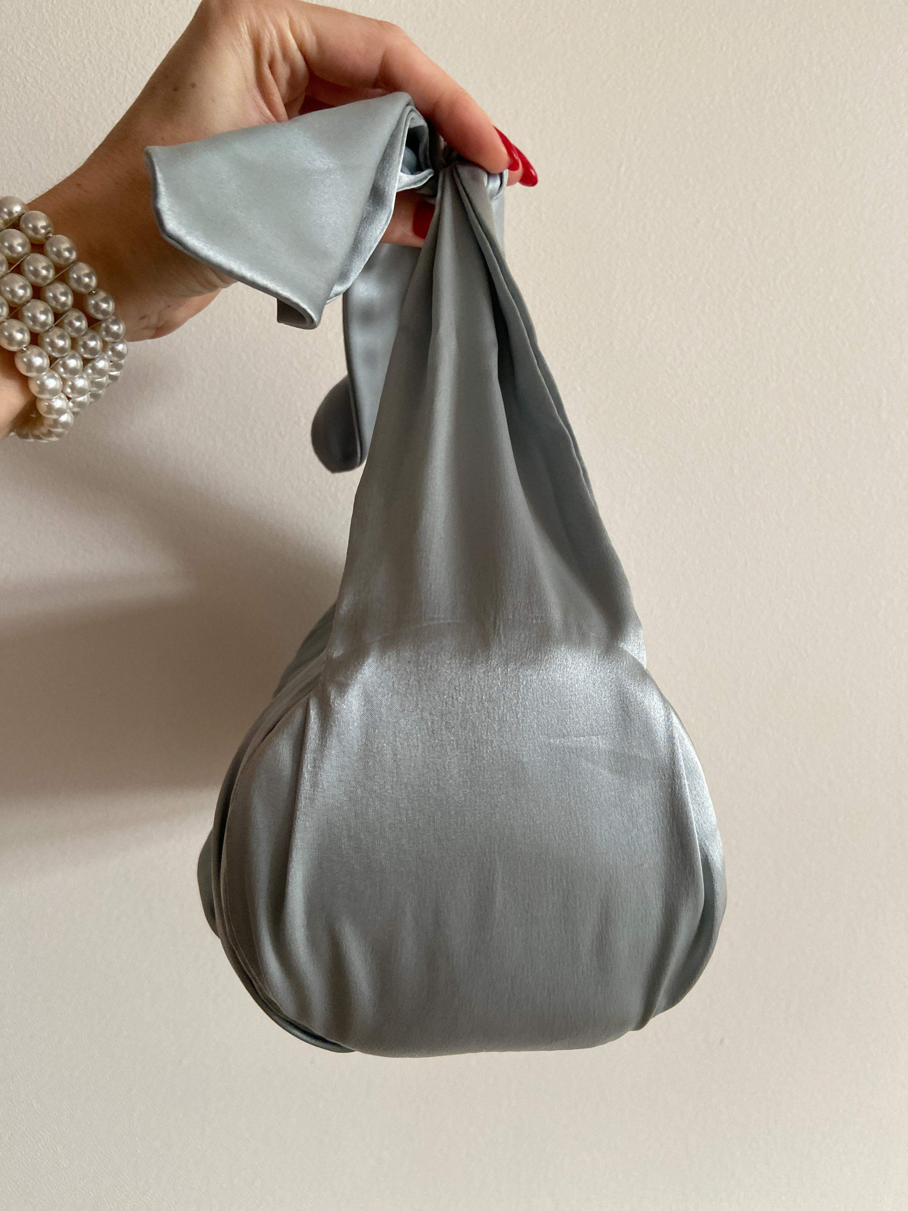 Designer Rejina Pyo Blue Satin Top Knot Bag