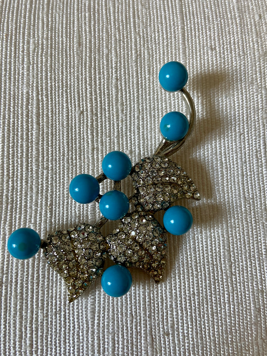 1960s Turquoise Berry & Diamond Crystal Leaves Brooch Pin