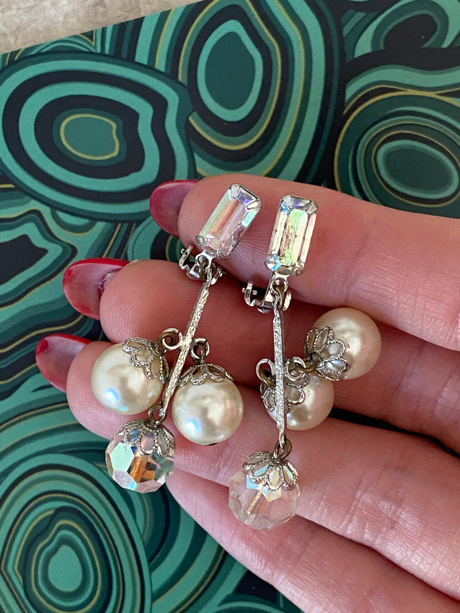 50s Delicate Crystal & Faux Pearl Dangles