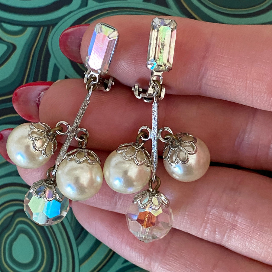 50s Delicate Crystal & Faux Pearl Dangles