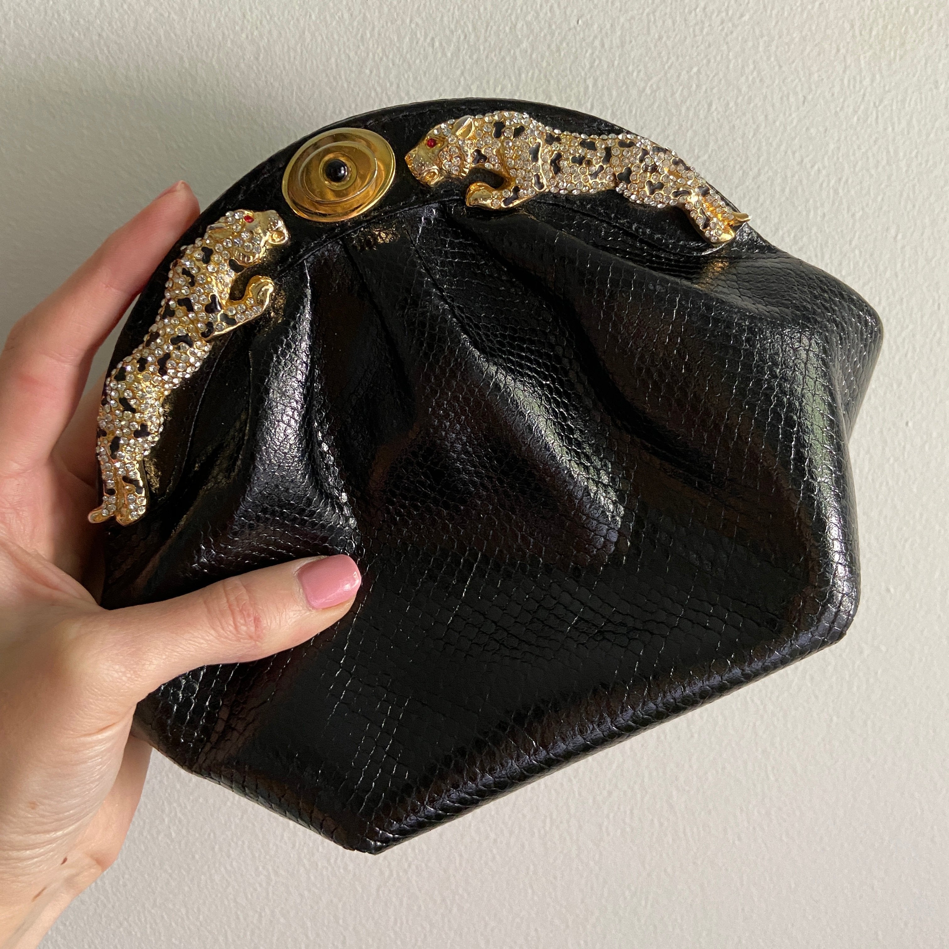 1980s Designer Black & Gold Leaping Panther Purse