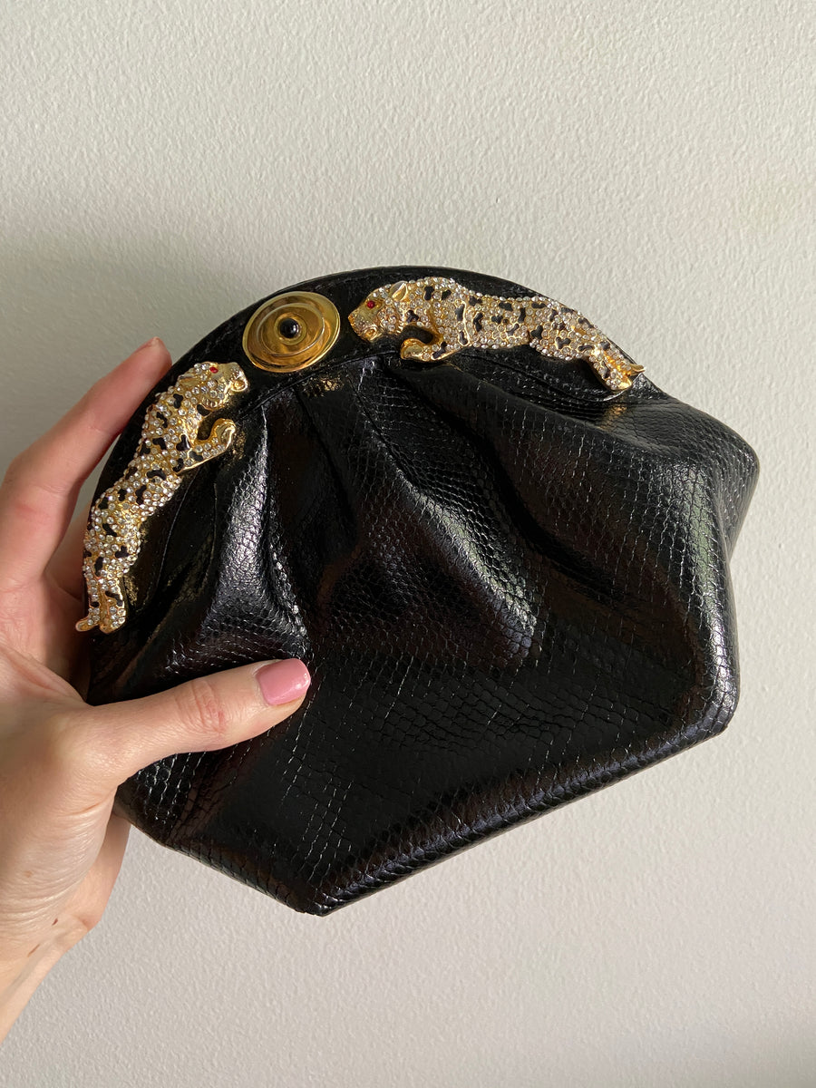 1980s Designer Black & Gold Leaping Panther Purse