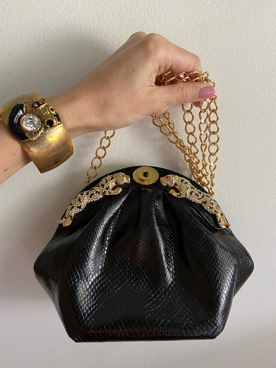 1980s Designer Black & Gold Leaping Panther Purse