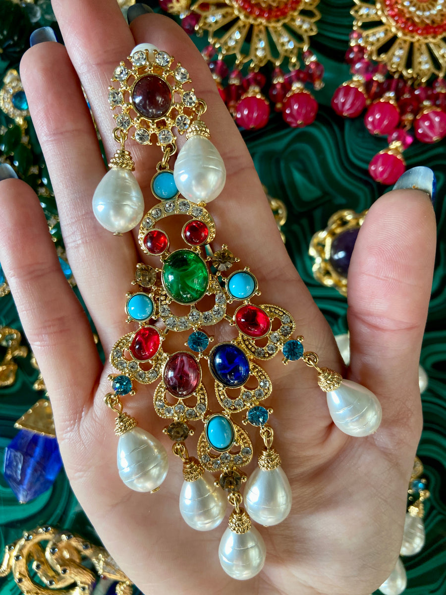Mogul Jeweled Chandelier Pearl Clip On Earrings