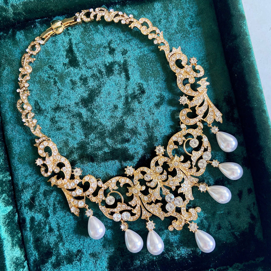 Designer Gold Diamond Glass Pearl Bridal Statement Necklace