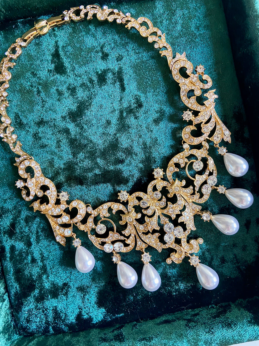 Gold Diamond Jeweled Pearl Bridal Statement Necklace