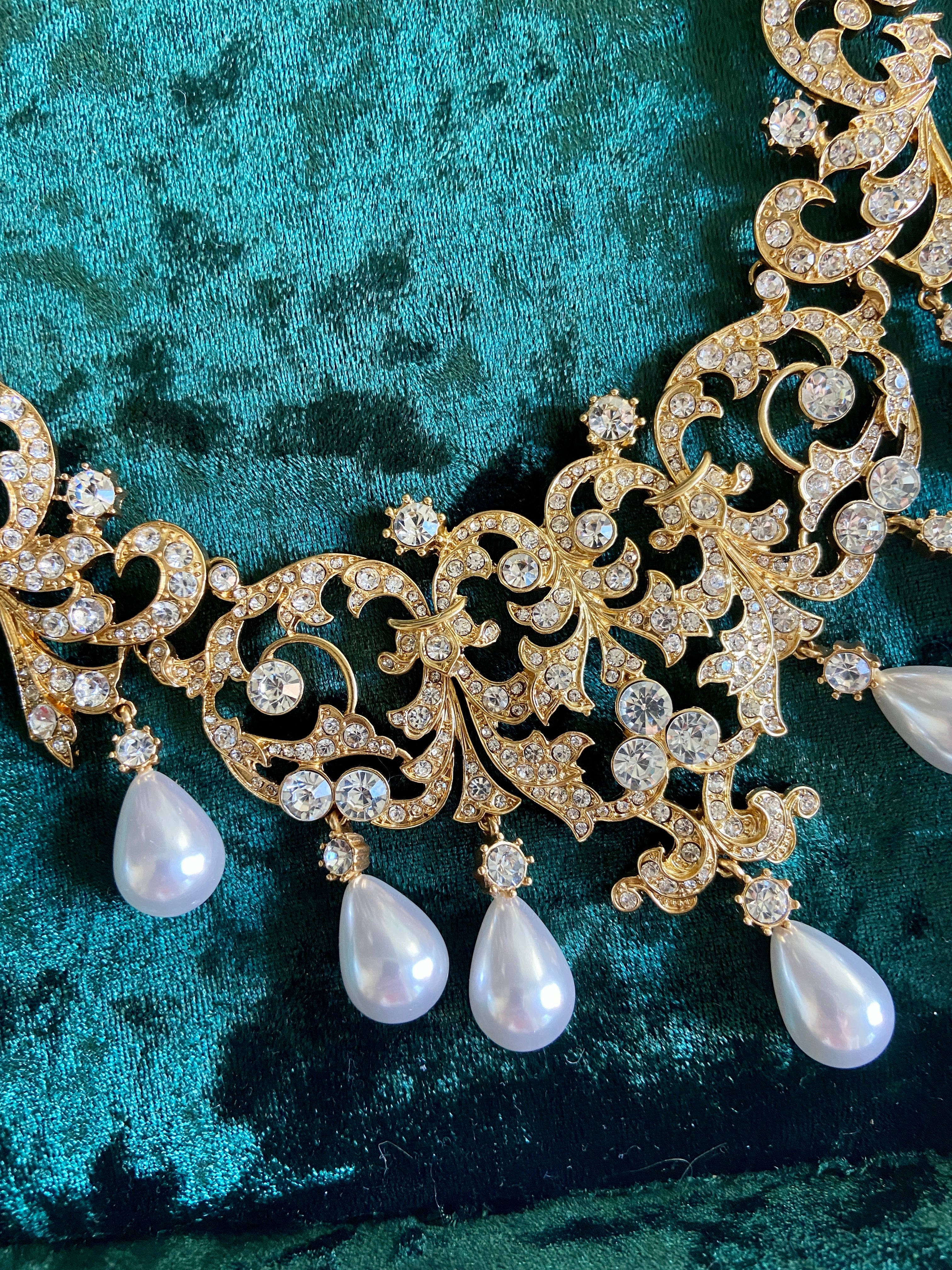 Gold Diamond Jeweled Pearl Bridal Necklace