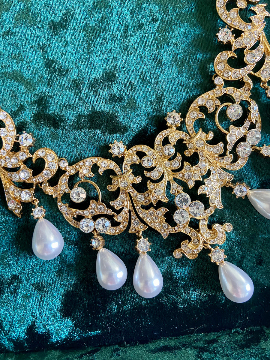 Gold Diamond Jeweled Pearl Bridal Statement Necklace