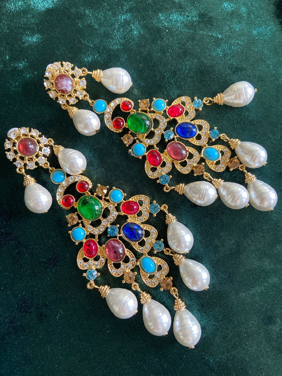 Mogul Jeweled Chandelier Pearl Clip On Earrings