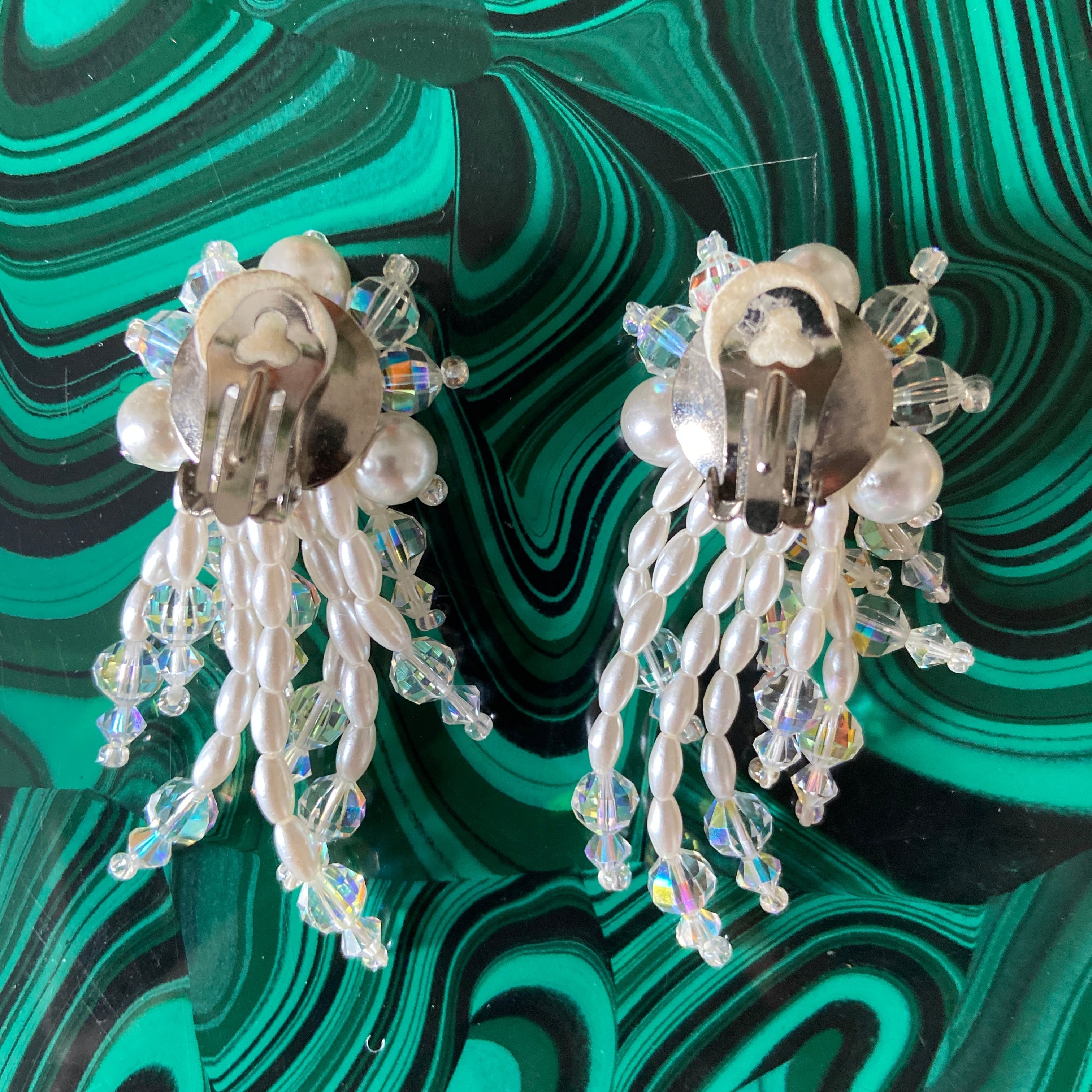 80s Faux Pearl And Crystal Cascade Earrings