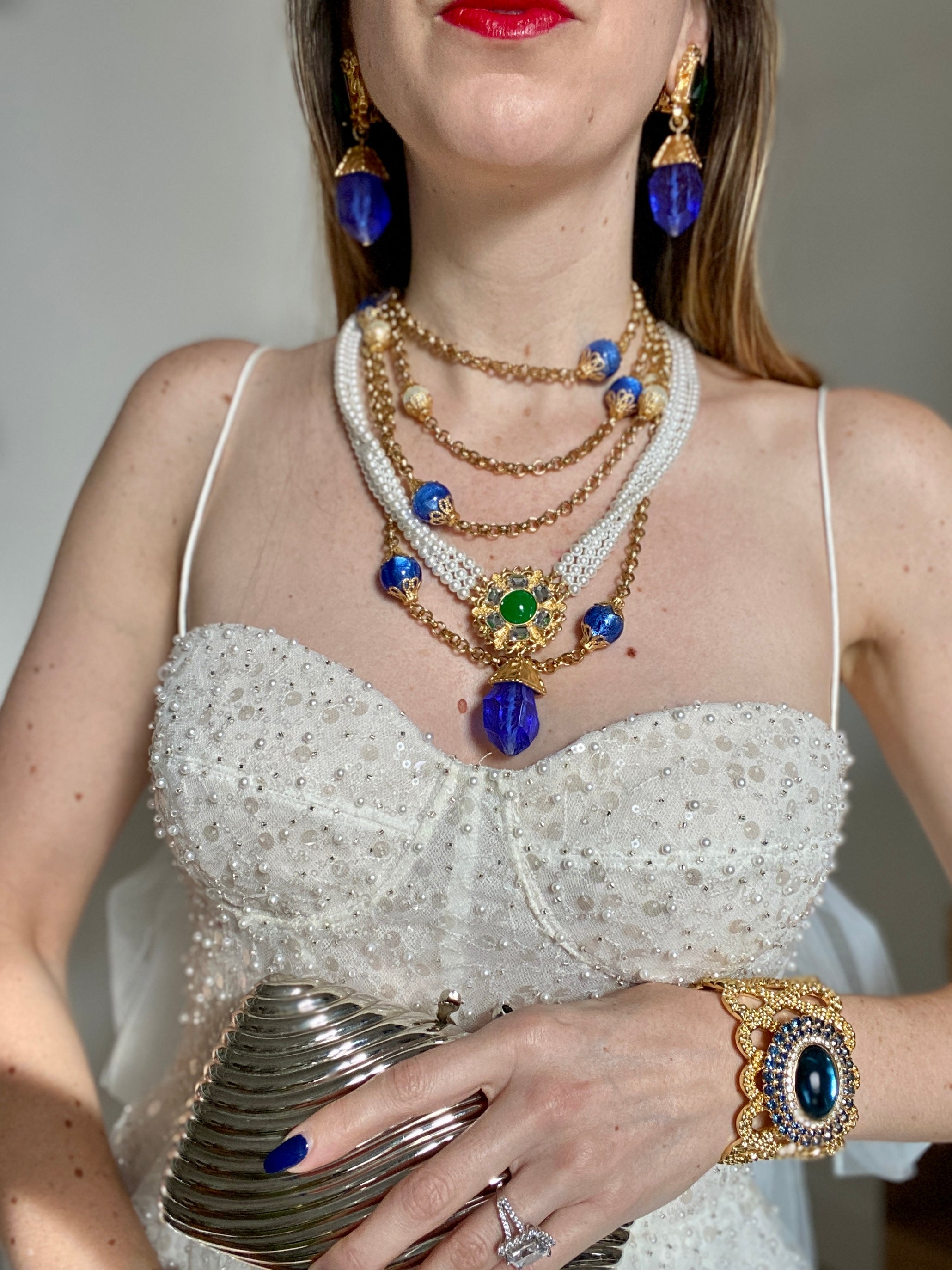 Multi-Strand Pearl Blue Jeweled Necklace