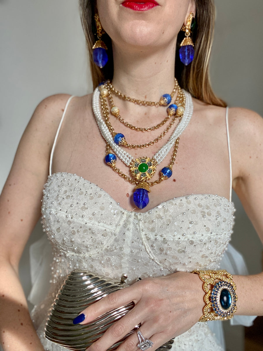 Multi-Strand Pearl Blue Jeweled Necklace