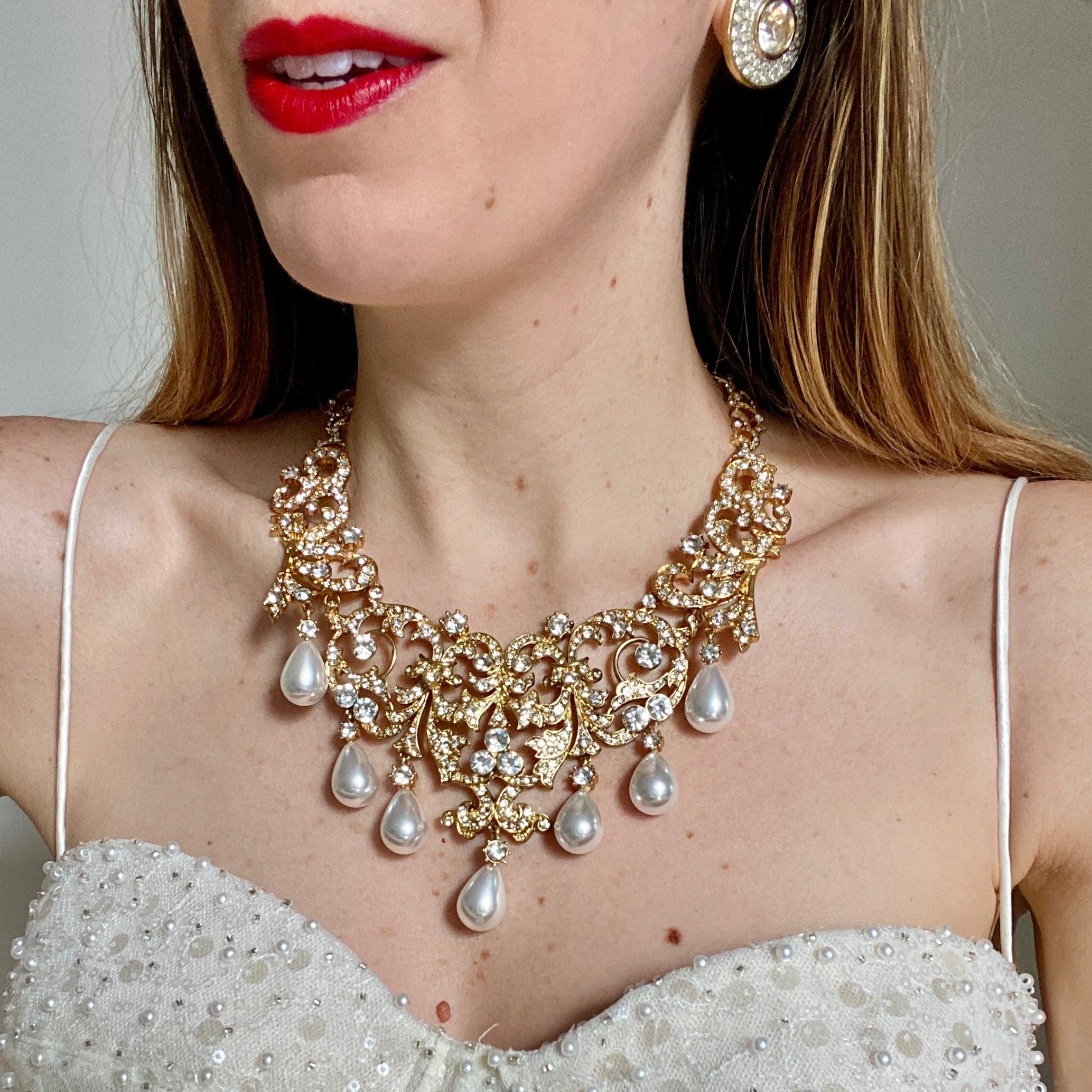 Gold Diamond Jeweled Pearl Bridal Necklace