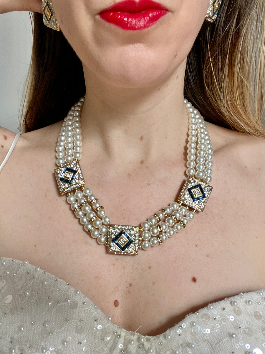 50s CINER Multi-Strand Pearl & Blue Crystal Bridal Necklace & Earring Set