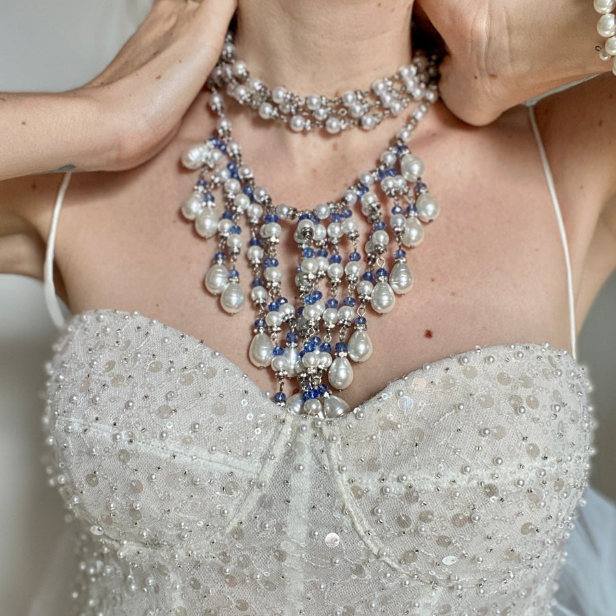 Glass  Pearl & Blue Jewel Bridal Statement Necklace