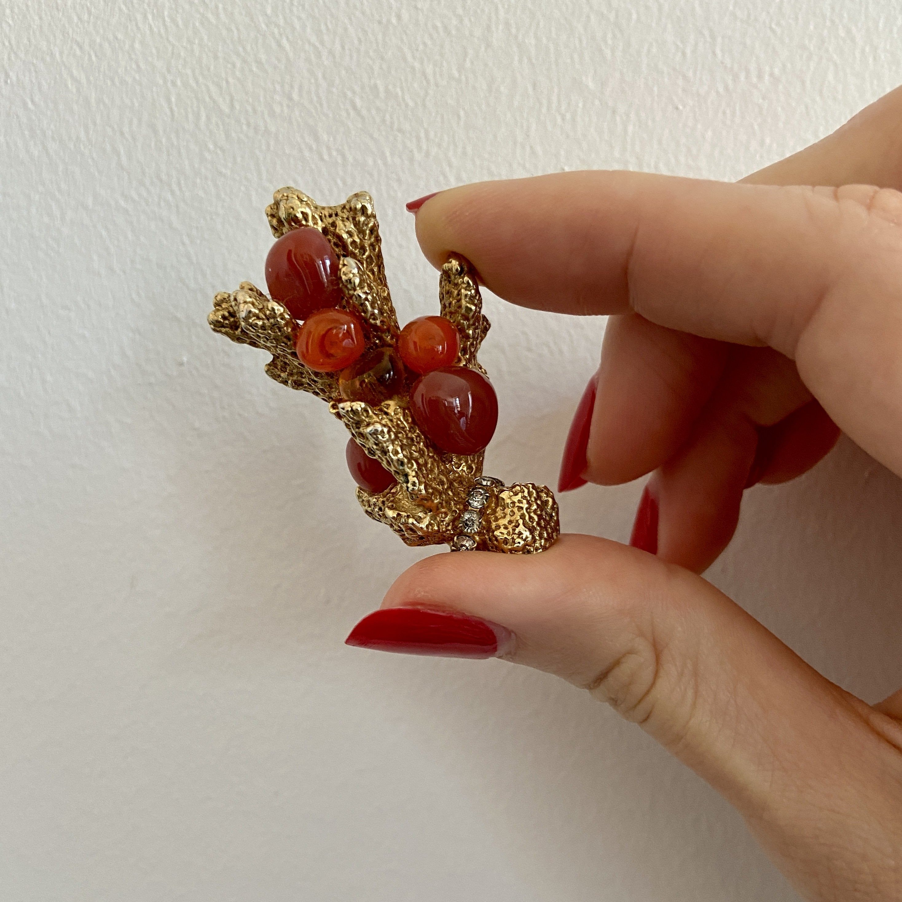 Designer CASTLECLIFF Red Glass Gold Branch Coral Brooch Pin