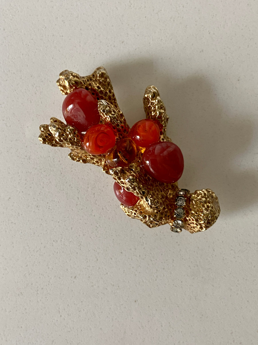 Designer CASTLECLIFF Red Glass Gold Branch Coral Brooch Pin