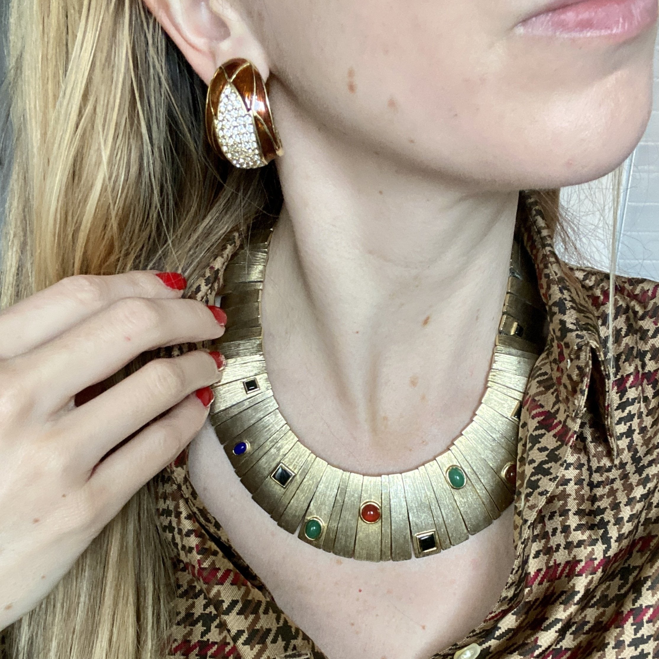 CINER Brown Enamel and Crystal Pave Hoop Earrings